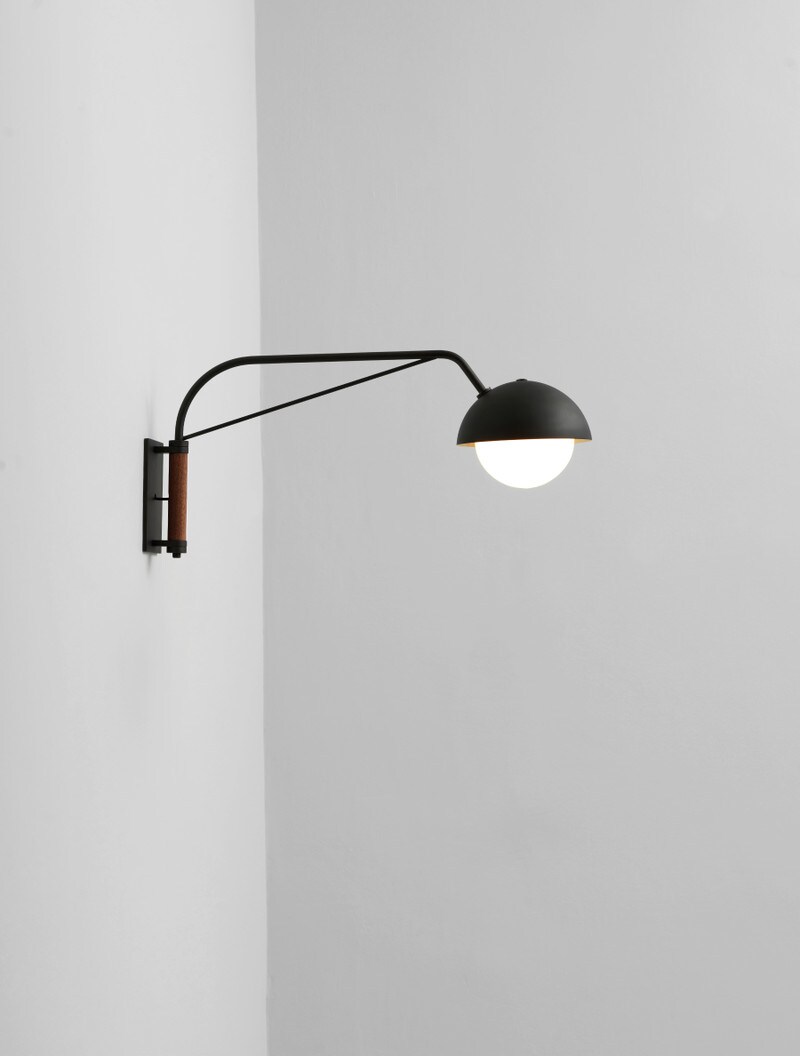 Dome Wall Lamp shown in Maker Black, Black Walnut, Opal Globe